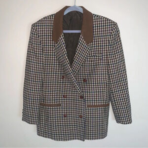 Vintage Tailored Double Breasted Herringbone Blazer Jacket Brown Tan
